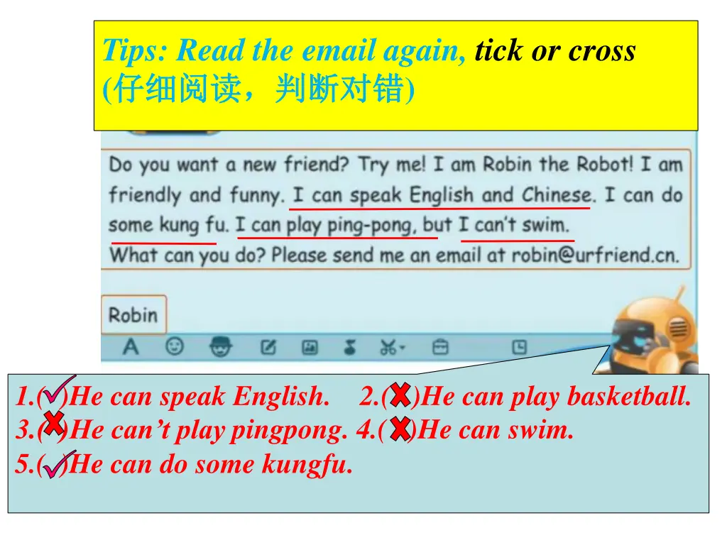 1 he can speak english 3 he can t play pingpong
