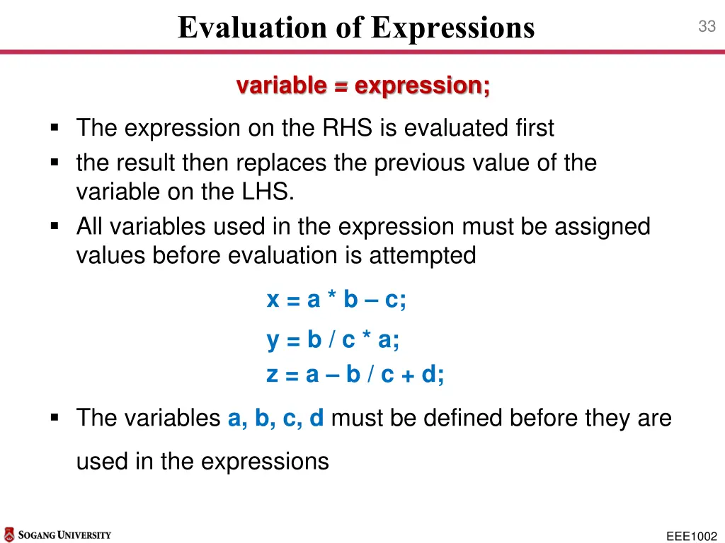 evaluation of expressions