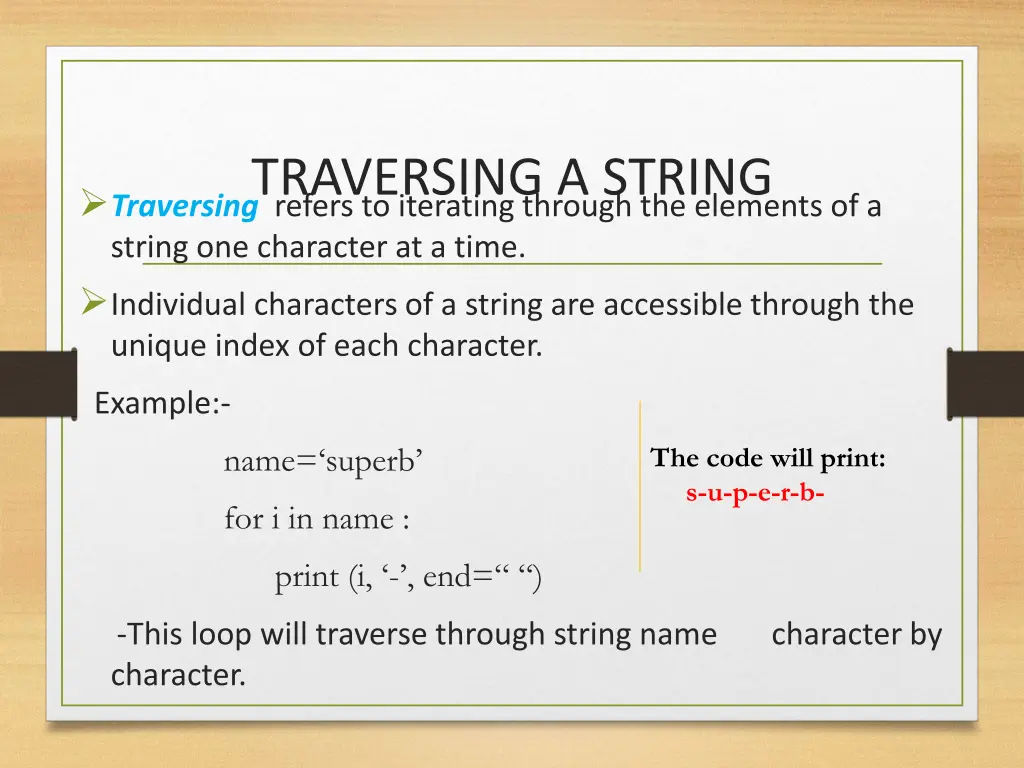 traversing a string traversing refers