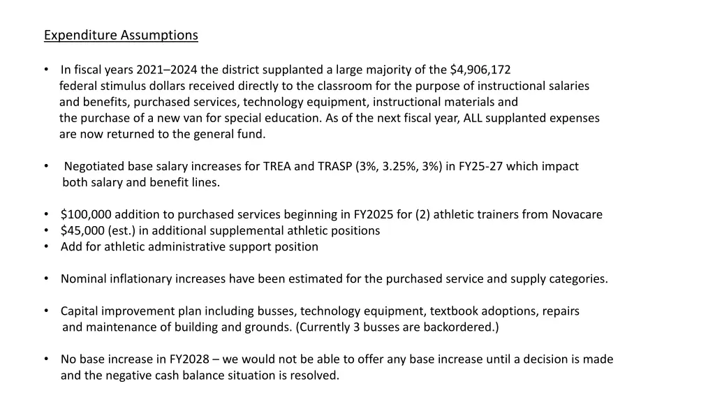 expenditure assumptions