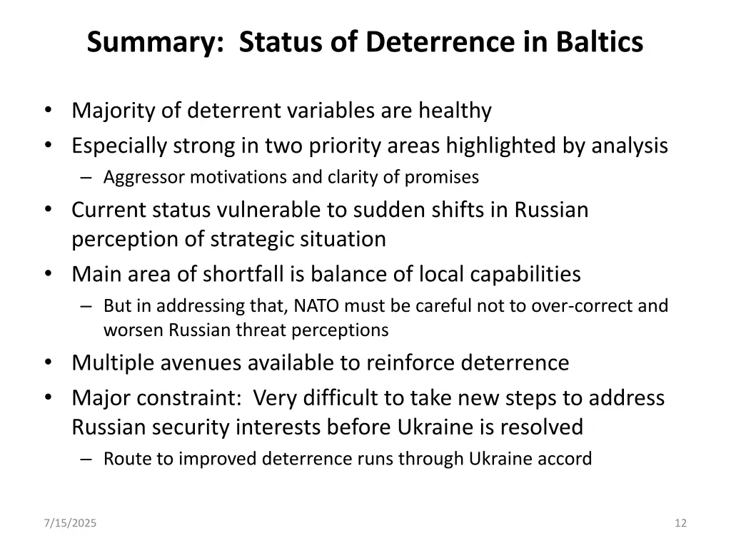 summary status of deterrence in baltics