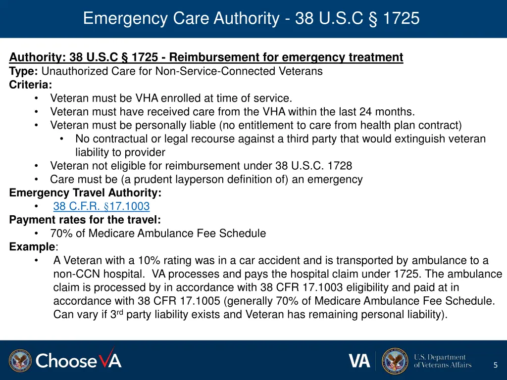emergency care authority 38 u s c 1725