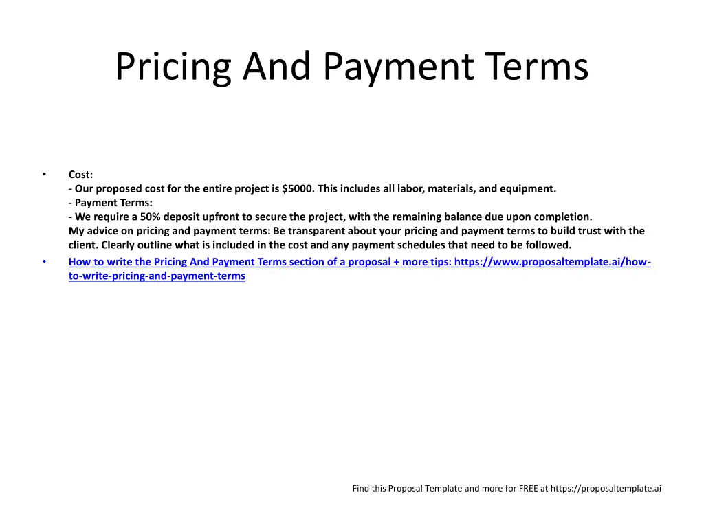 pricing and payment terms