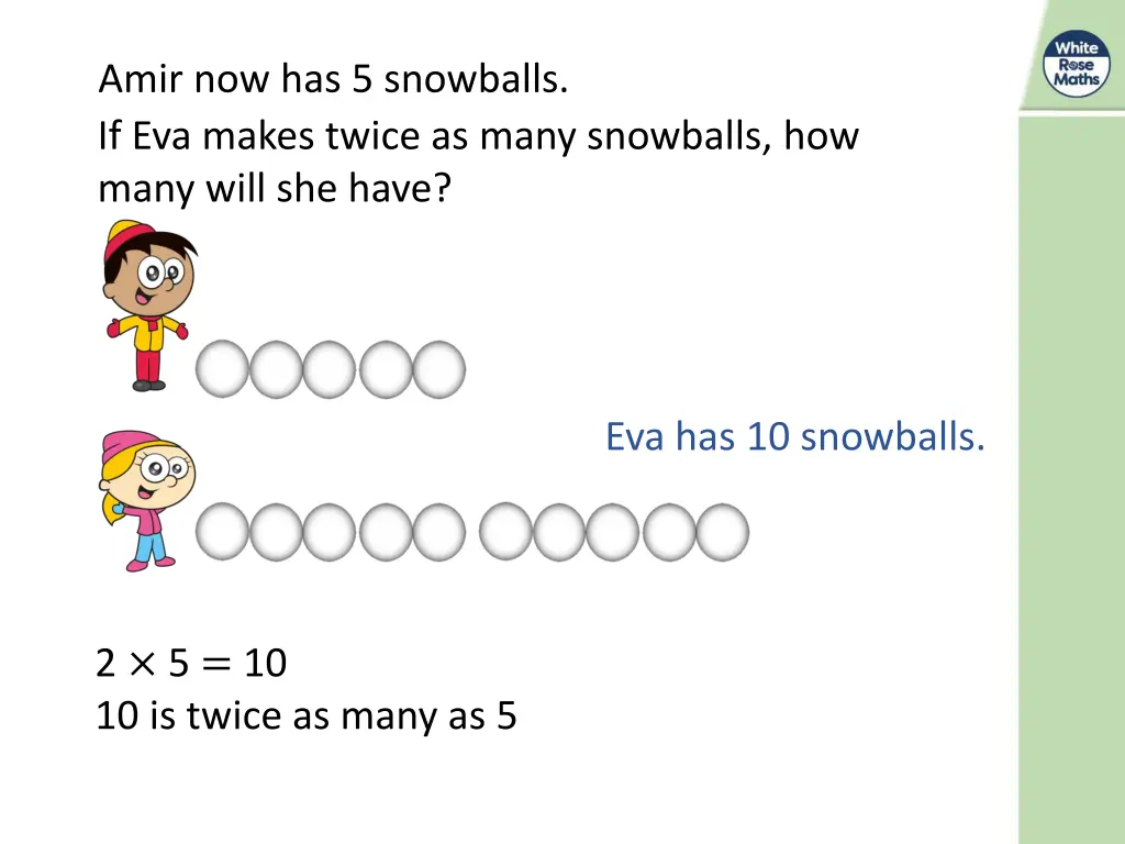 amir now has 5 snowballs if eva makes twice