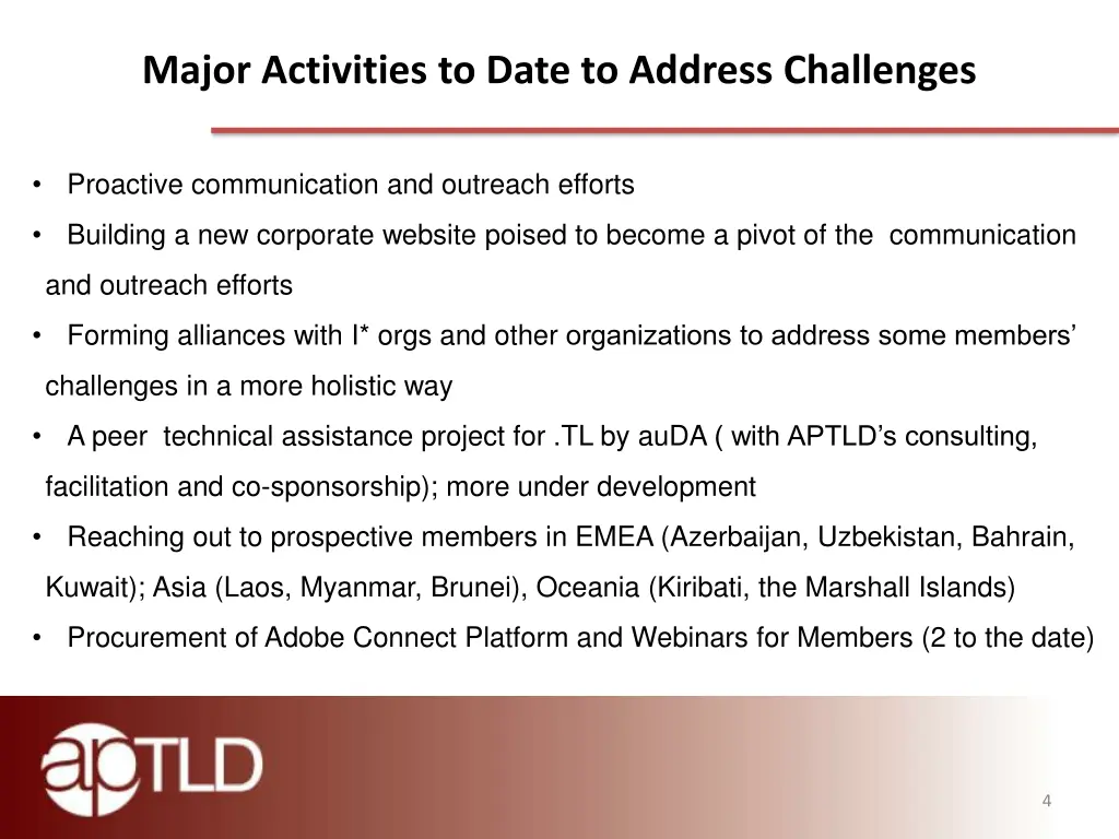 major activities to date to address challenges