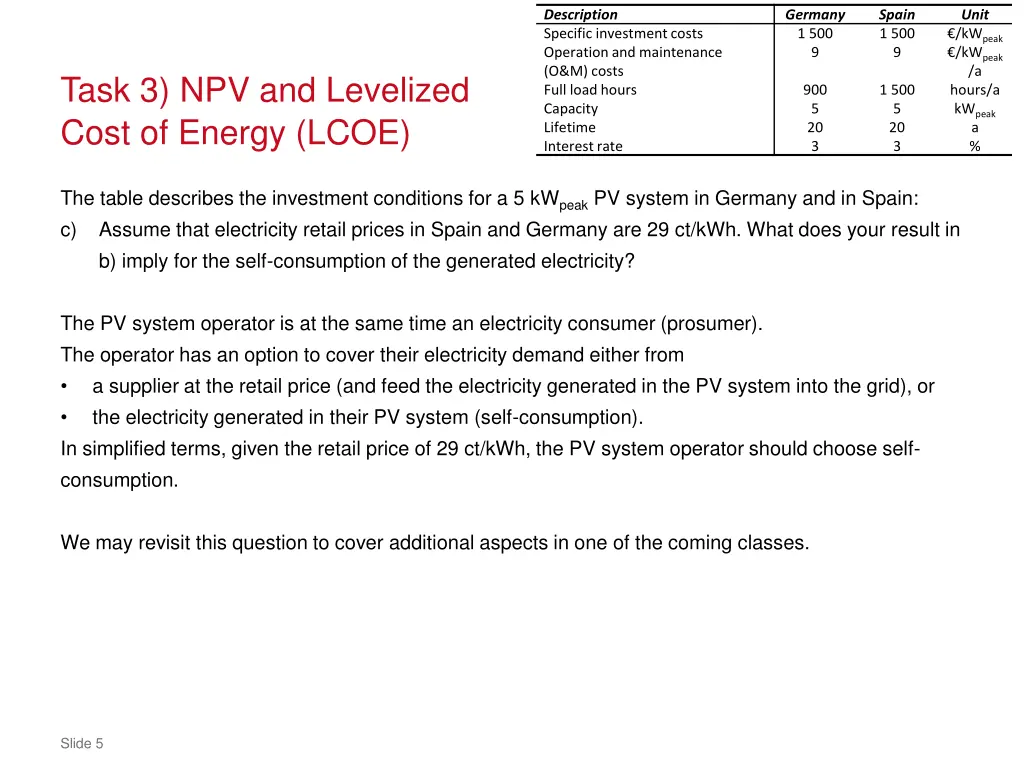 description specific investment costs operation