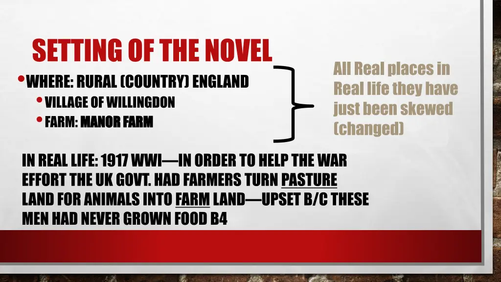 setting of the novel where rural country england