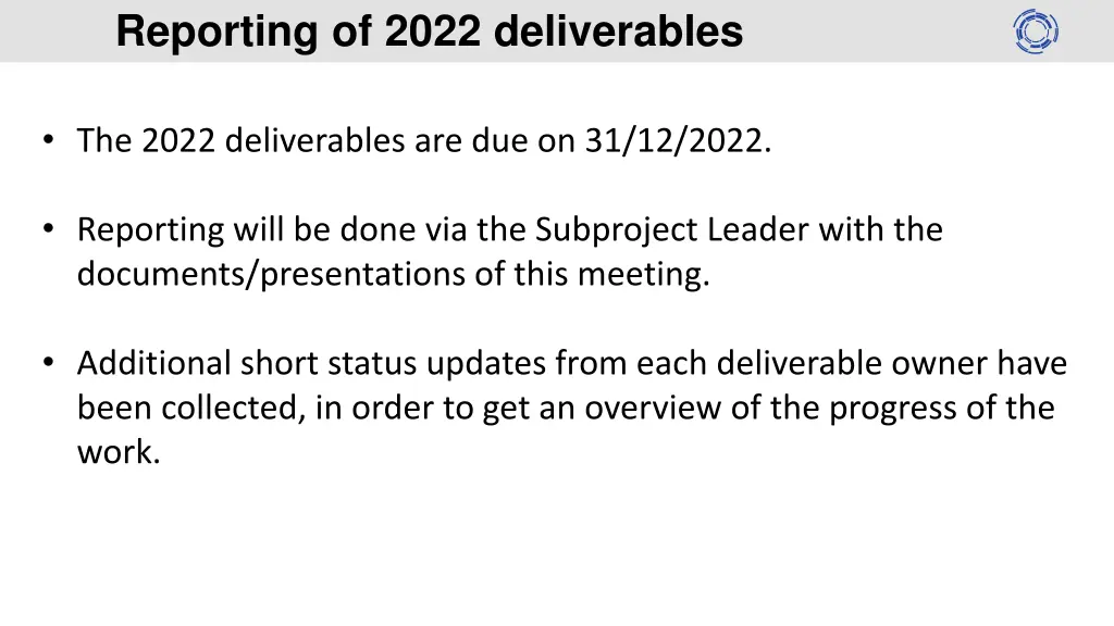reporting of 2022 deliverables