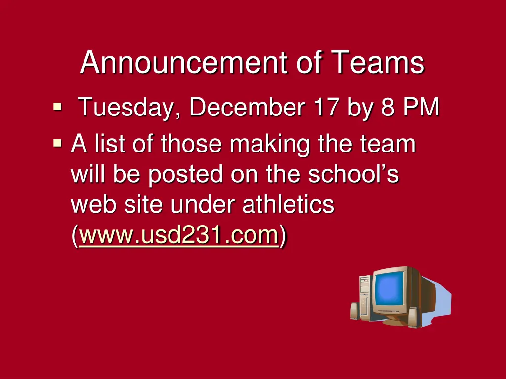 announcement of teams tuesday december
