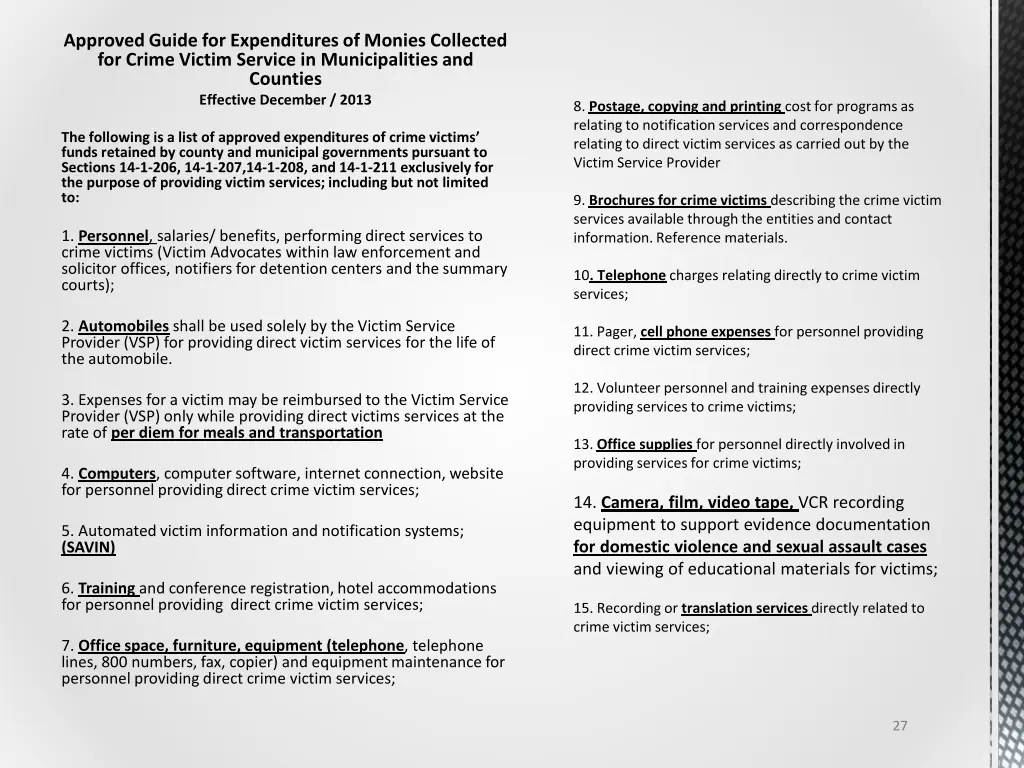 approved guide for expenditures of monies