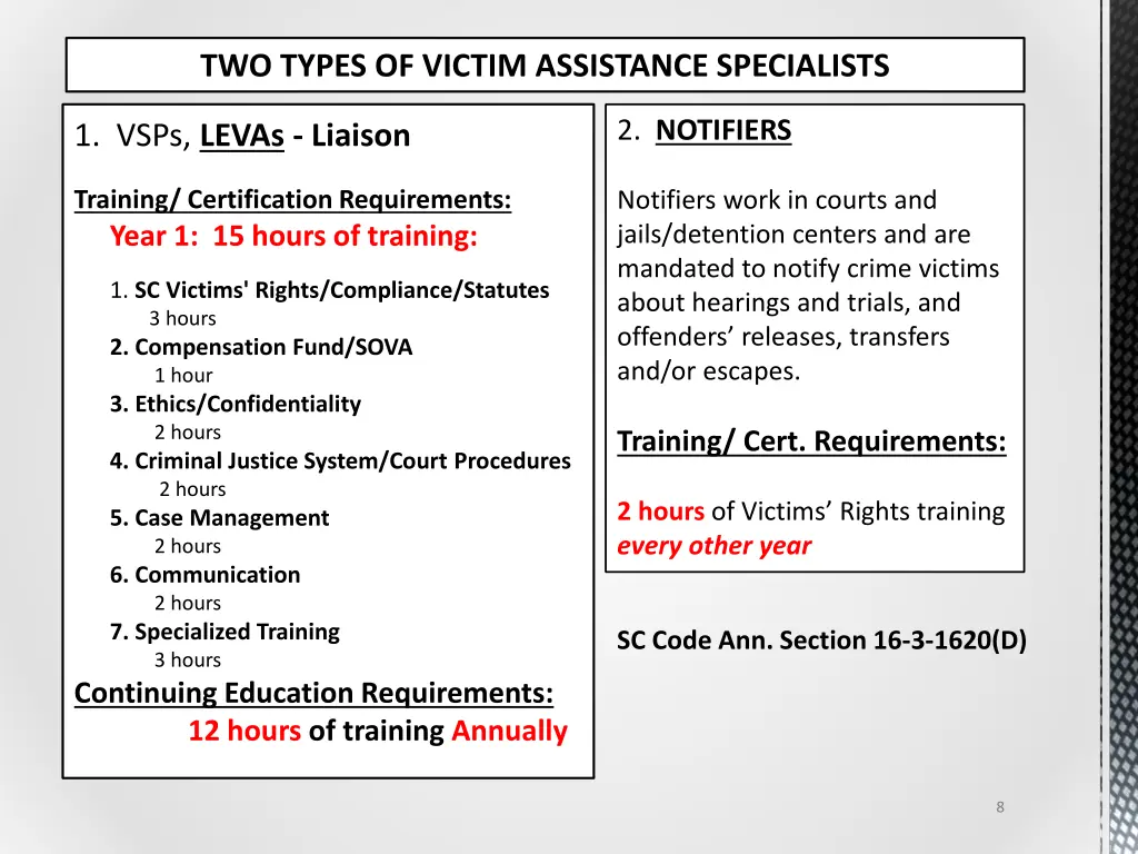two types of victim assistance specialists