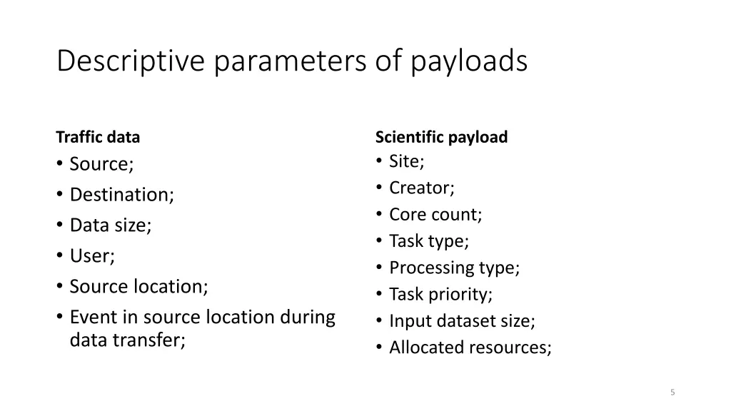 descriptive parameters of payloads