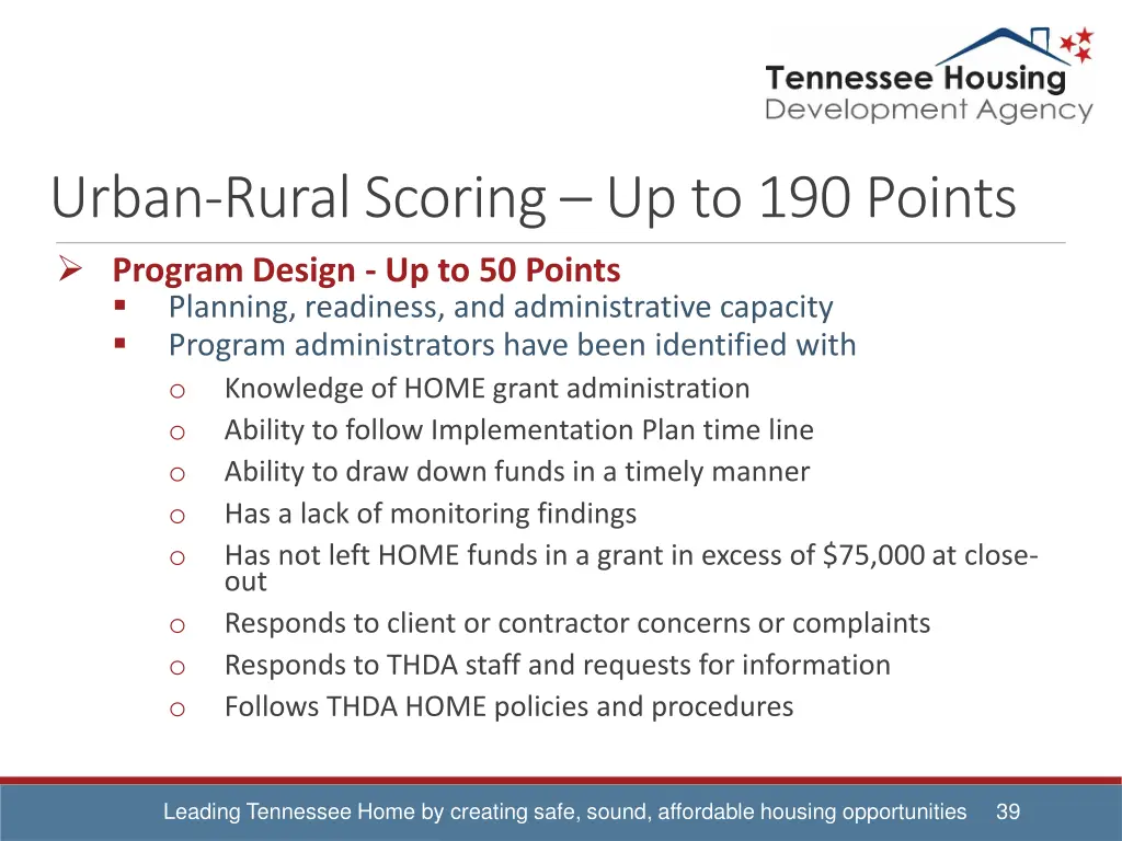 urban rural scoring up to 190 points program