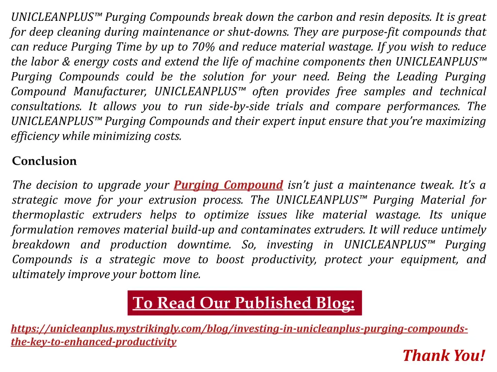 unicleanplus purging compounds break down