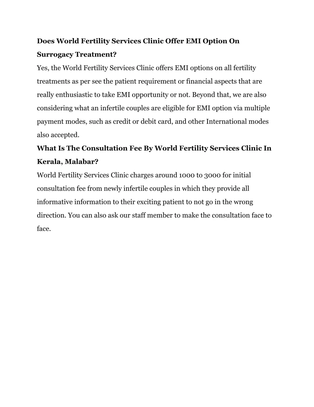 does world fertility services clinic offer