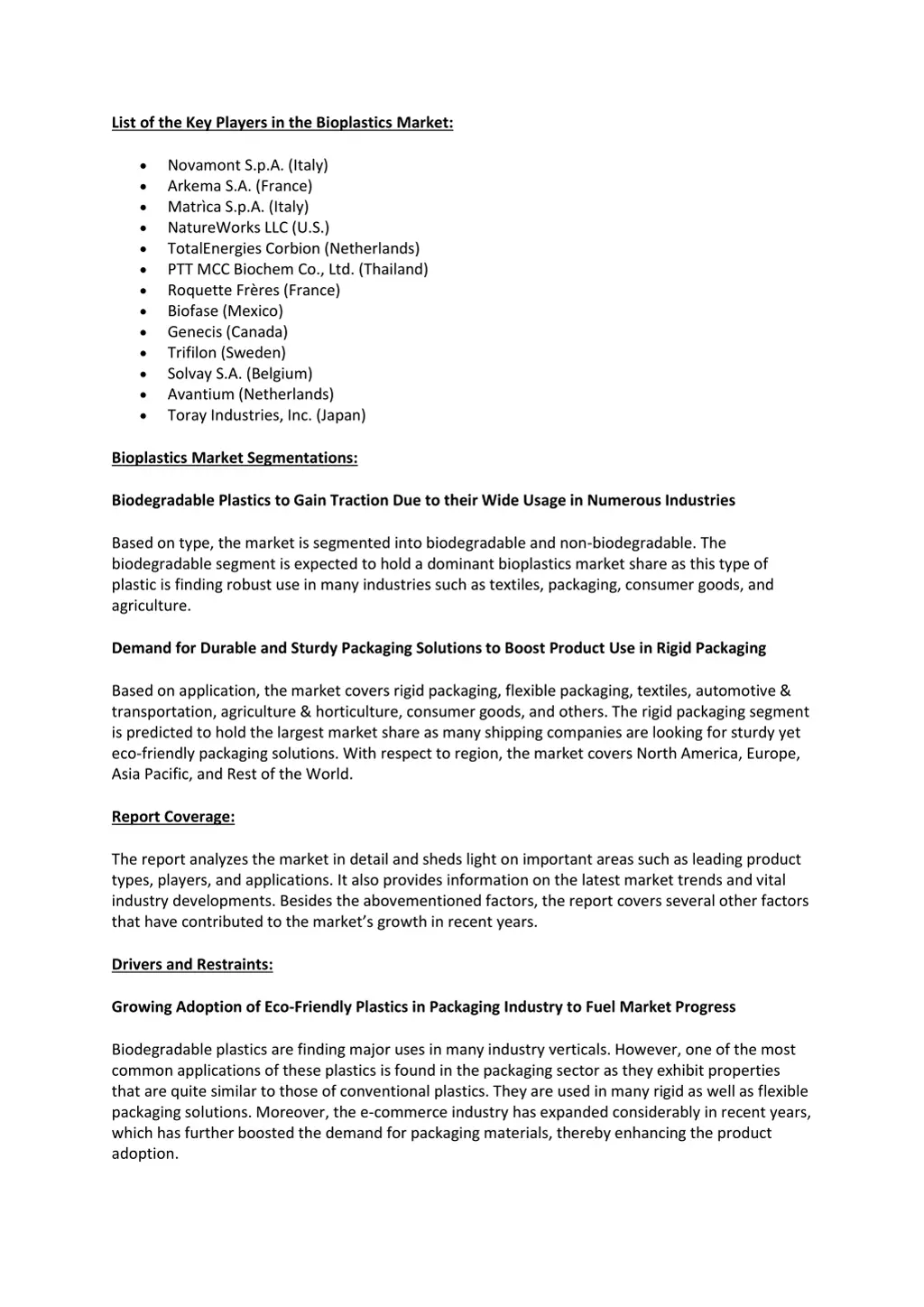 list of the key players in the bioplastics market