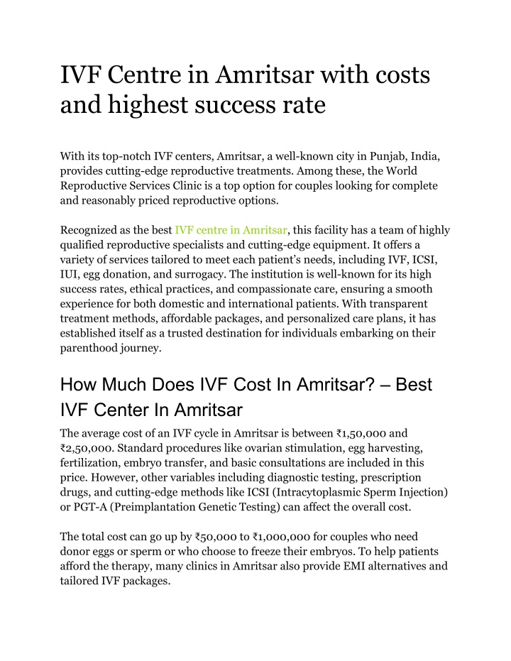 ivf centre in amritsar with costs and highest