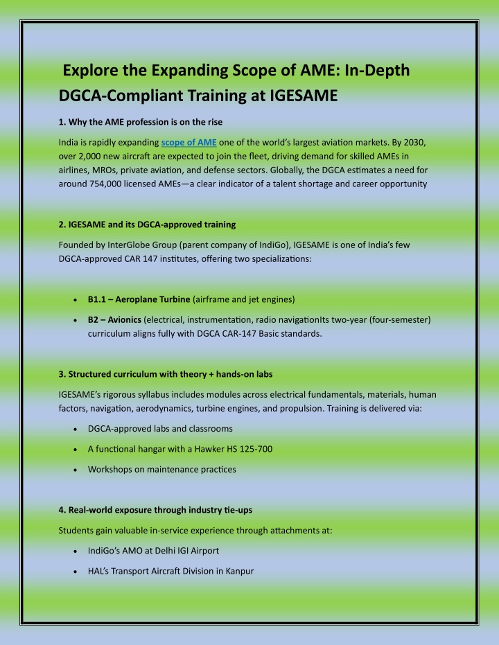 explore the expanding scope of ame in depth dgca