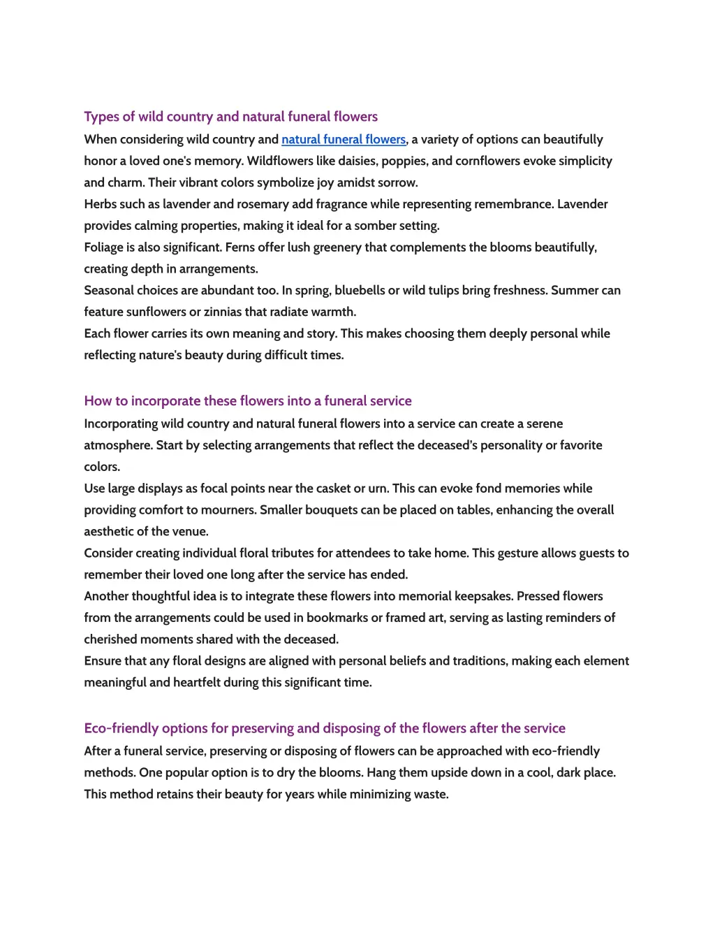 types of wild country and natural funeral flowers