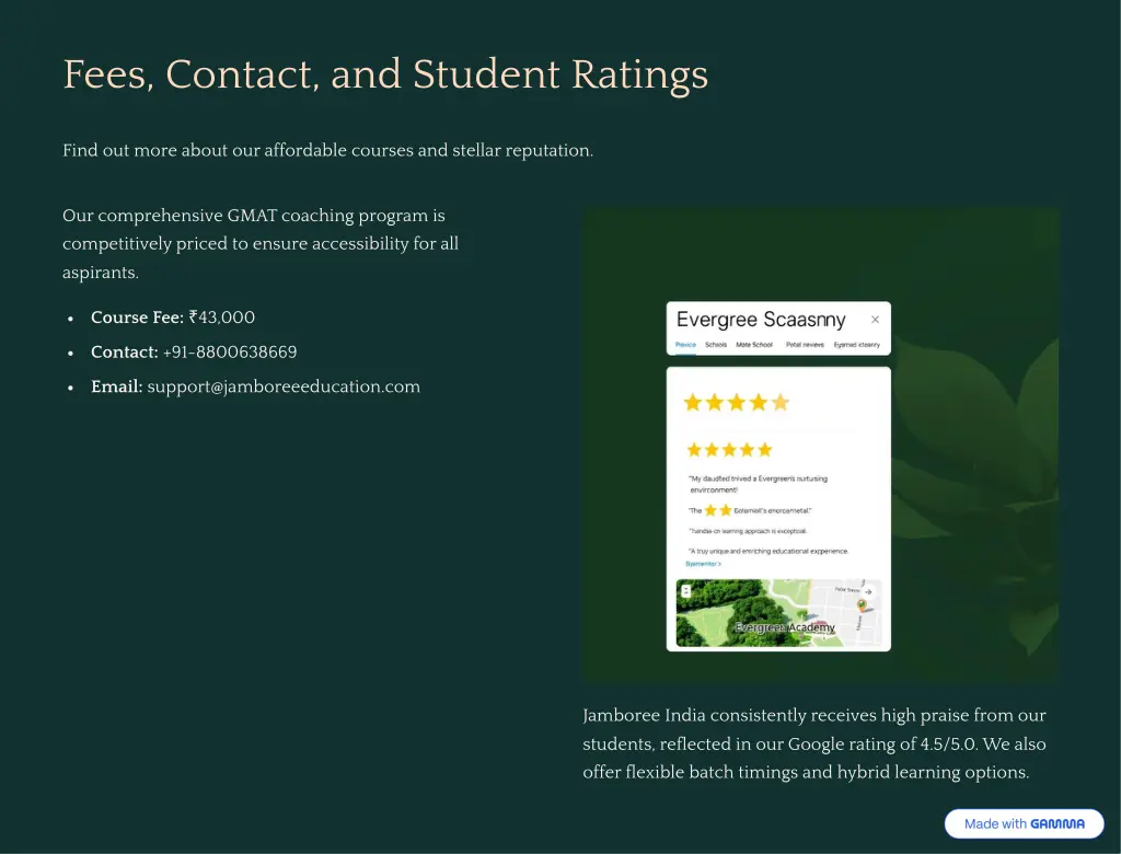 fees contact and student ratings