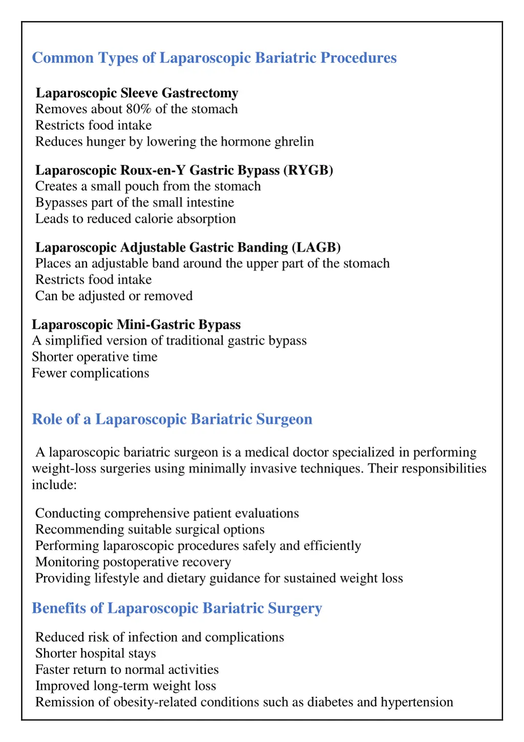 common types of laparoscopic bariatric procedures