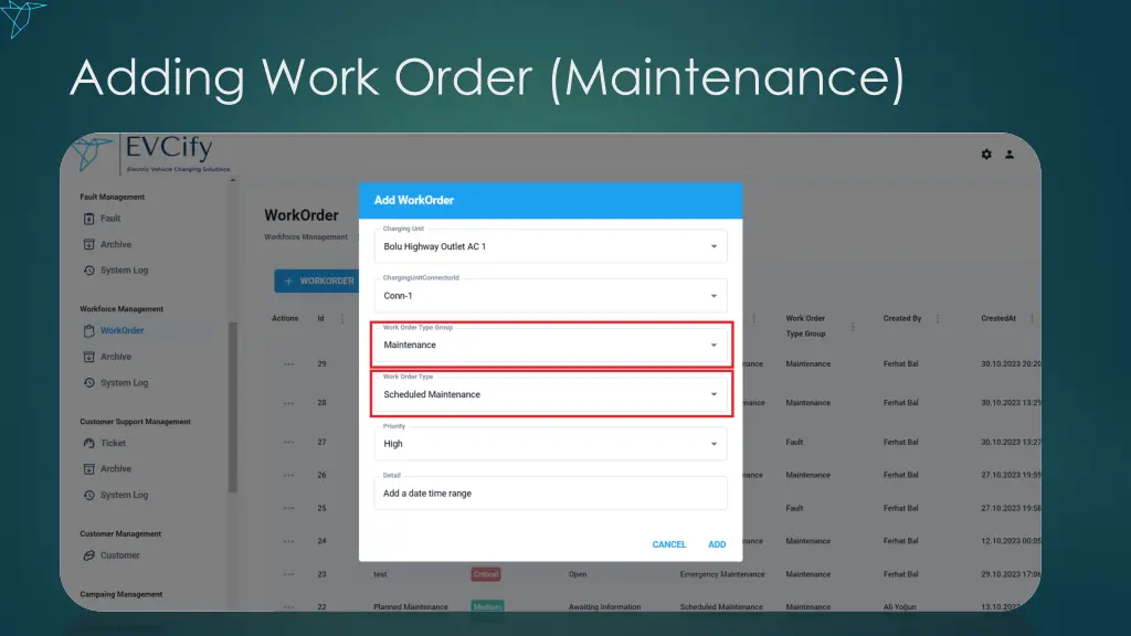 adding work order maintenance