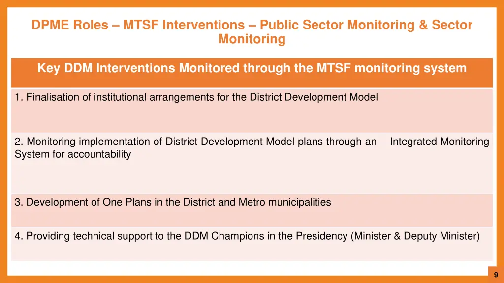 dpme roles mtsf interventions public sector