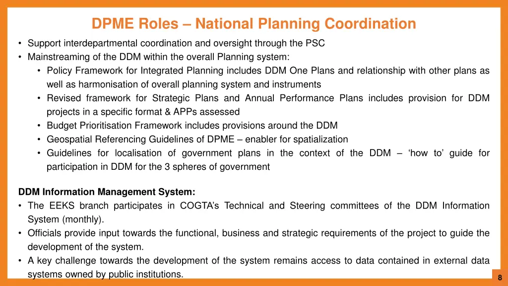 dpme roles national planning coordination