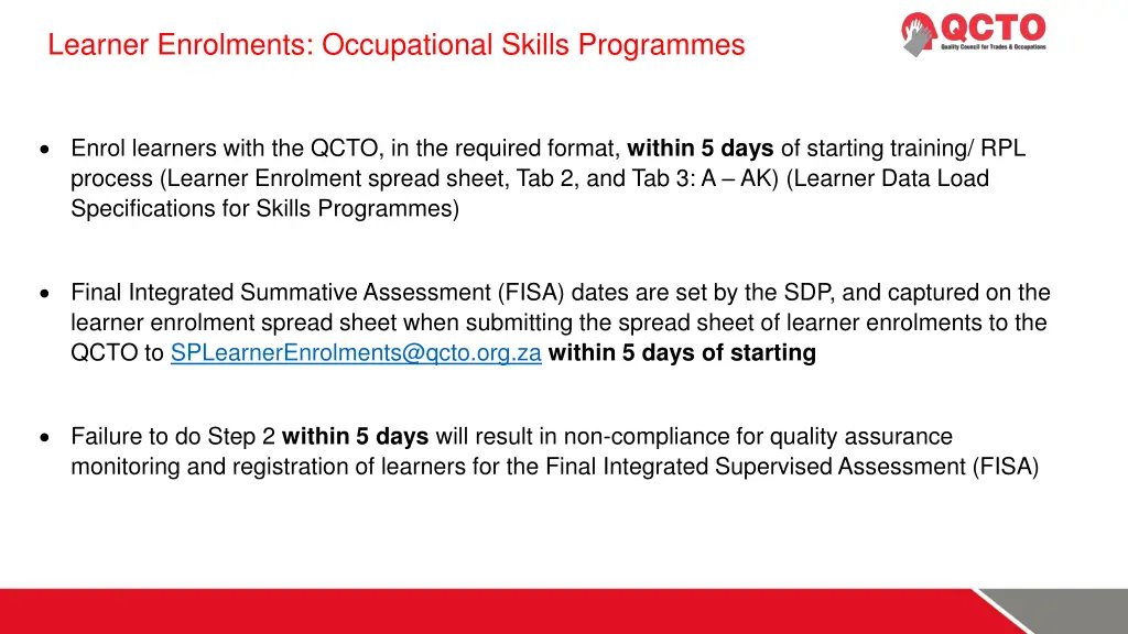 learner enrolments occupational skills programmes