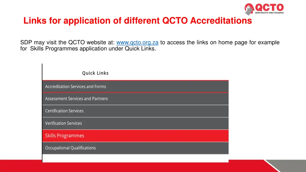 links for application of different qcto