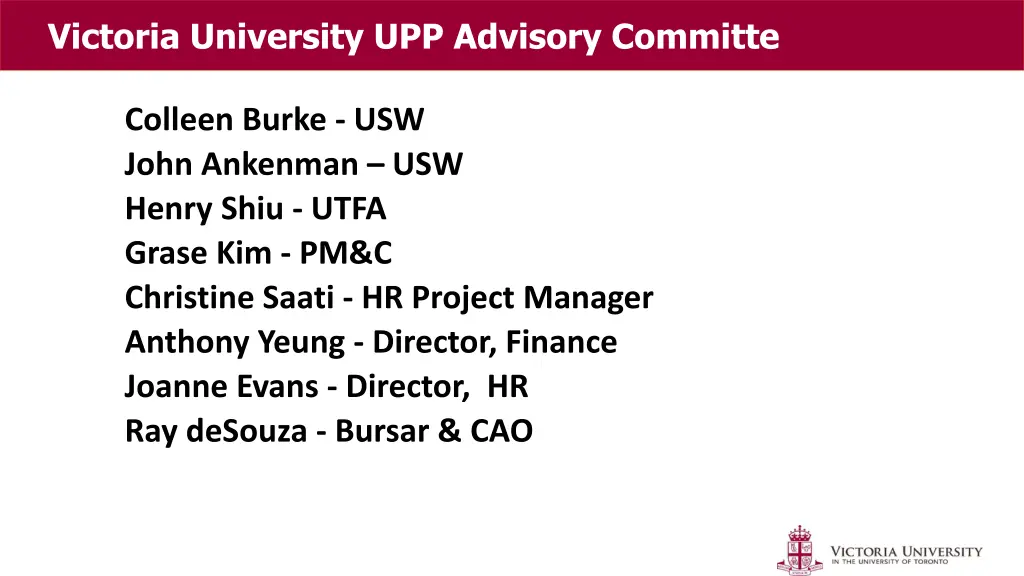 victoria university upp advisory committe