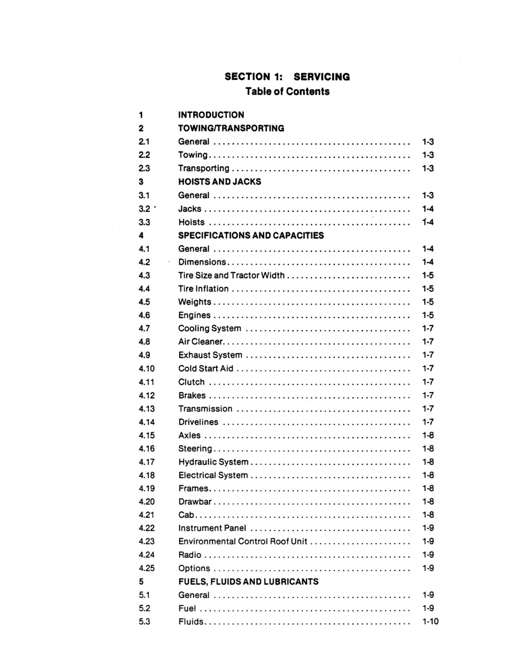 section 1 servicing table of contents