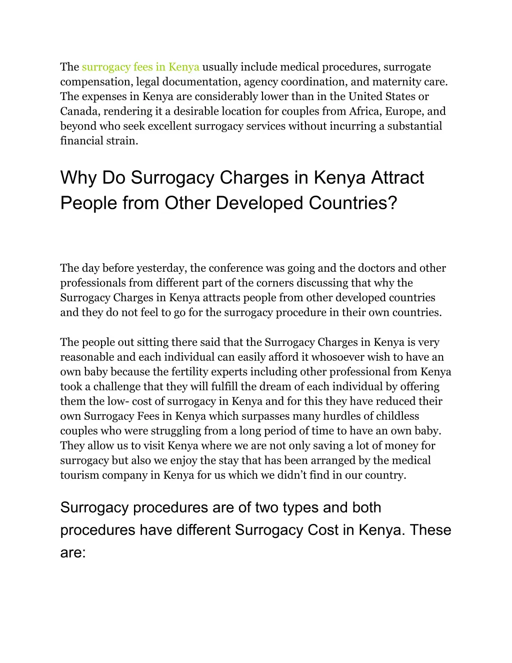 the surrogacy fees in kenya usually include