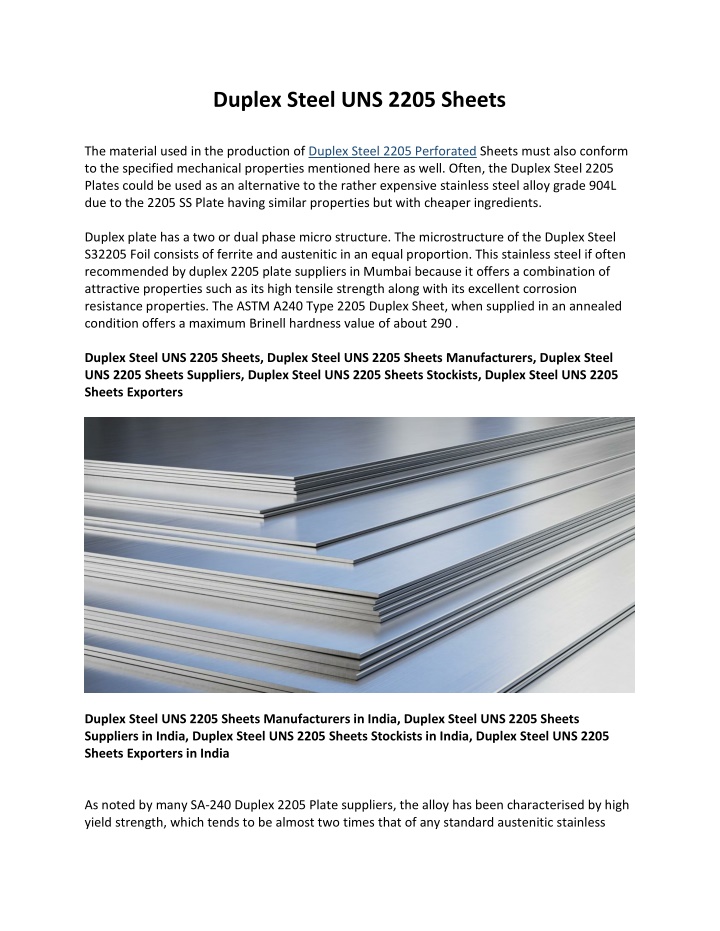 duplex steel uns 2205 sheets the material used