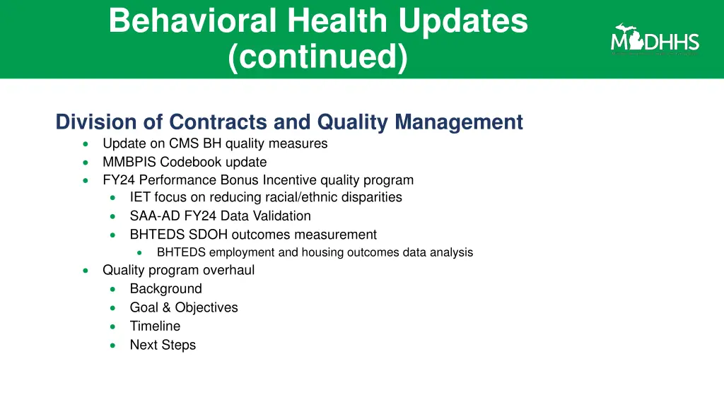 behavioral health updates continued