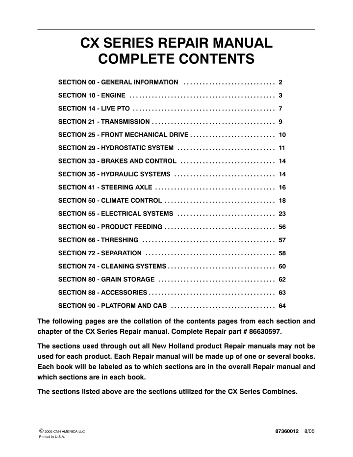 cx series repair manual complete contents