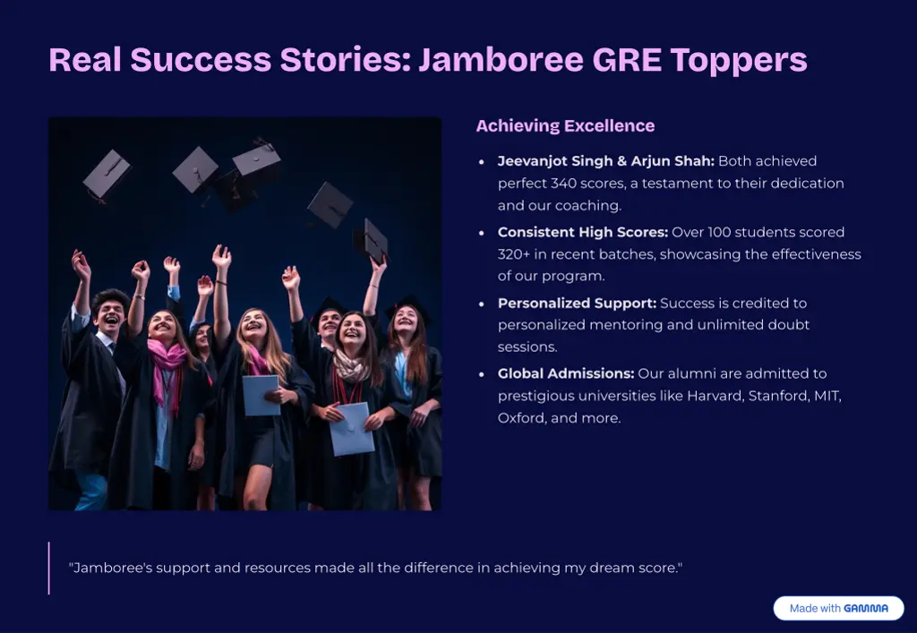 real success stories jamboree gre toppers