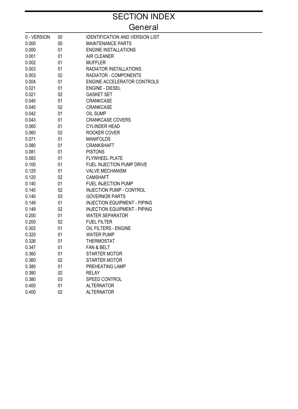 section index general identification and version