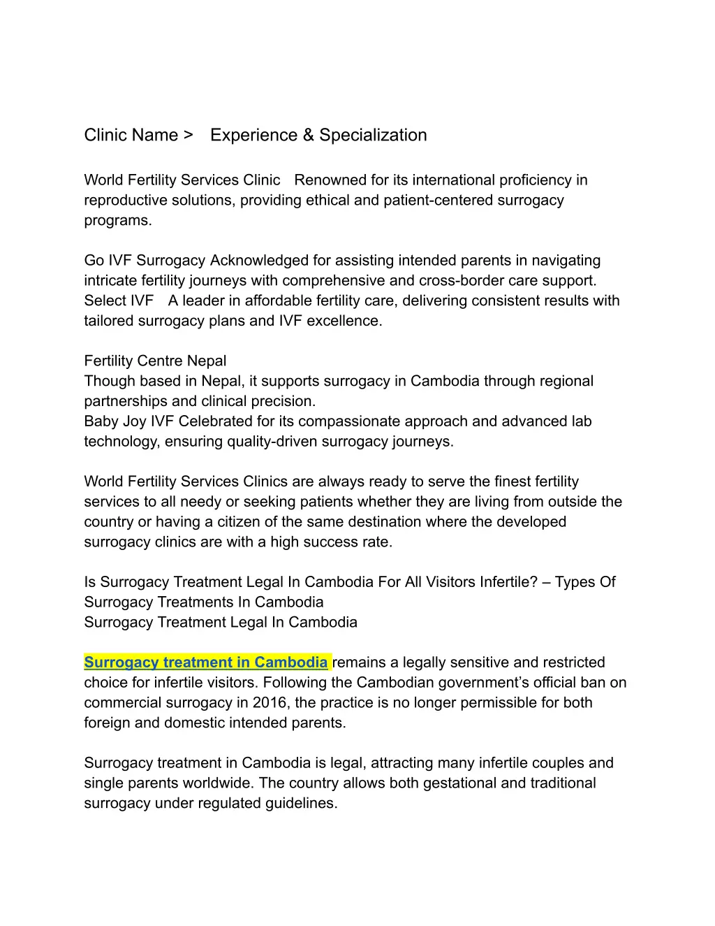 clinic name experience specialization world