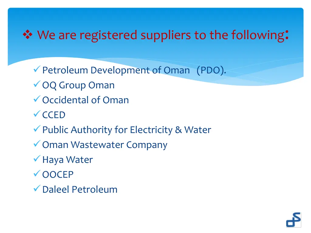 we are registered suppliers to the following