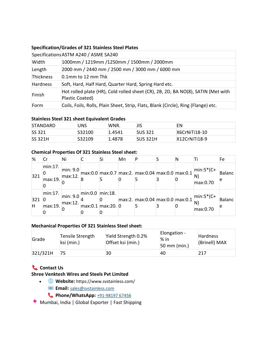 specification grades of 321 stainless steel
