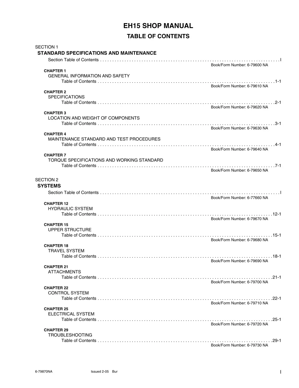 eh15 shop manual table of contents