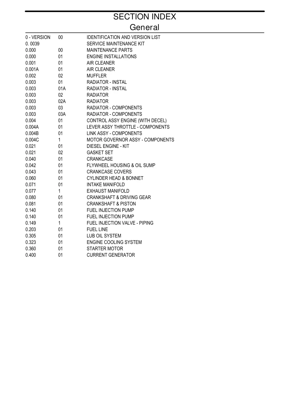 section index general identification and version