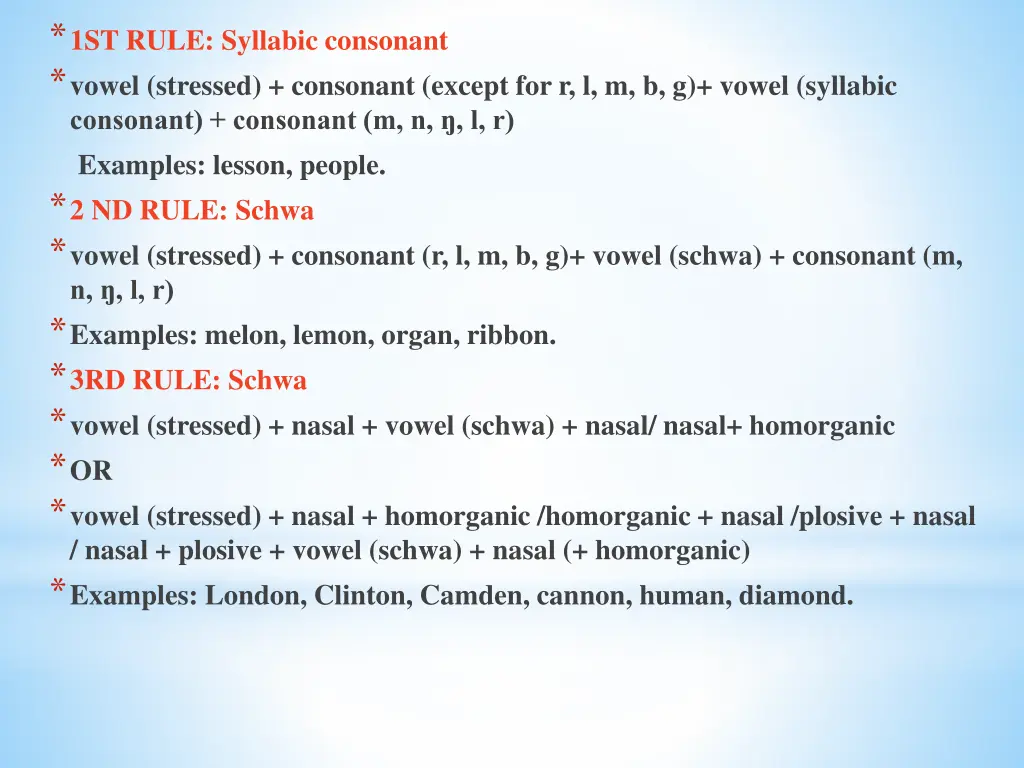 1st rule syllabic consonant vowel stressed