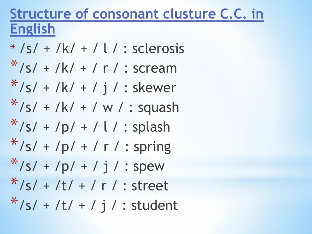 structure of consonant clusture c c in english