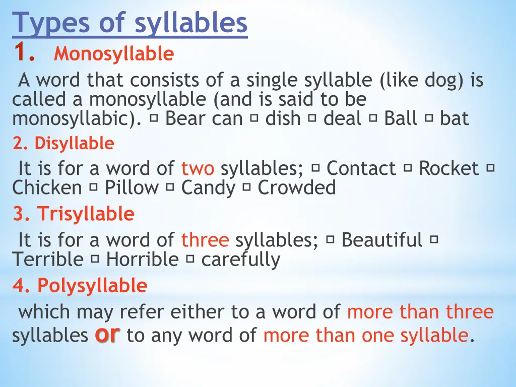 types of syllables 1 monosyllable a word that