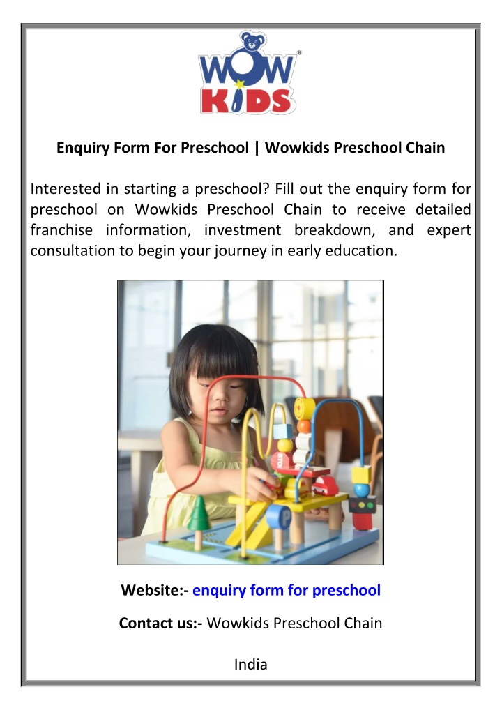 enquiry form for preschool wowkids preschool chain
