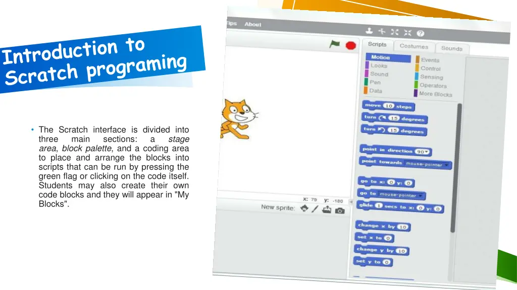 the scratch interface is divided into three main