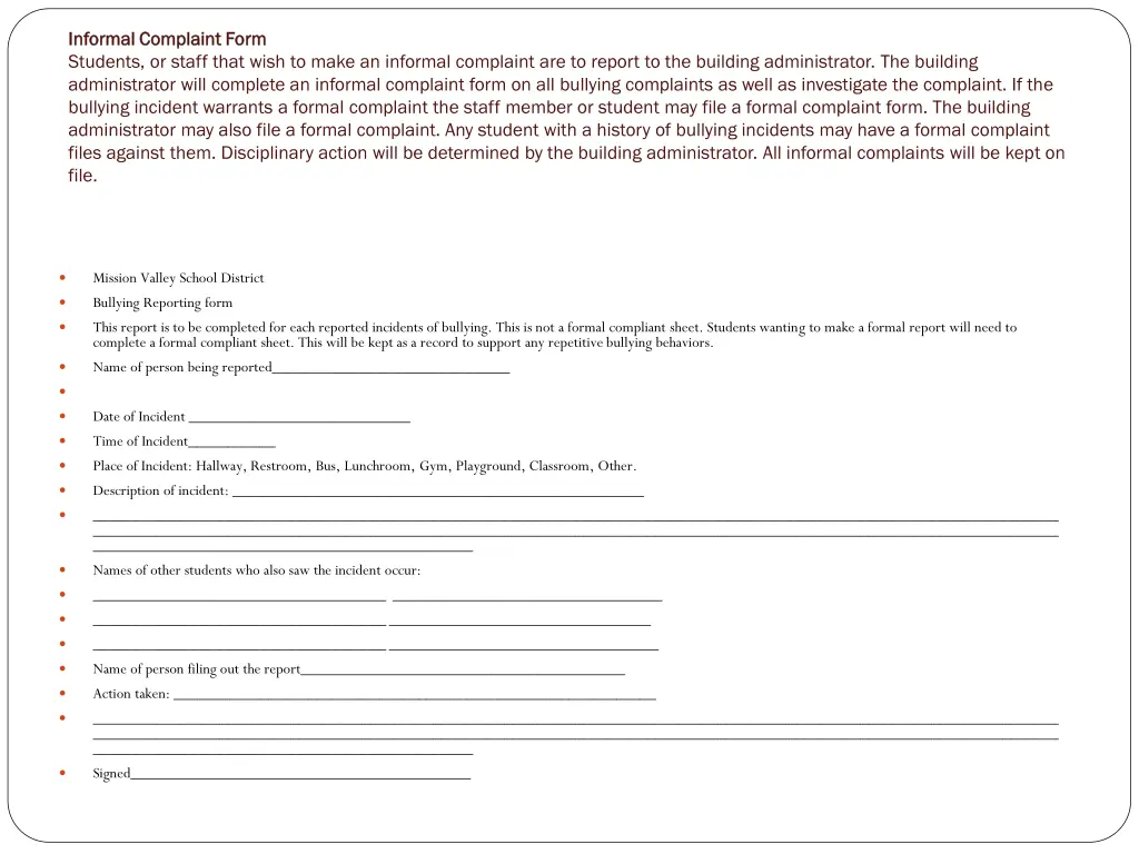 informal complaint form informal complaint form