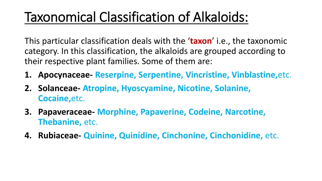 taxonomical classification of alkaloids